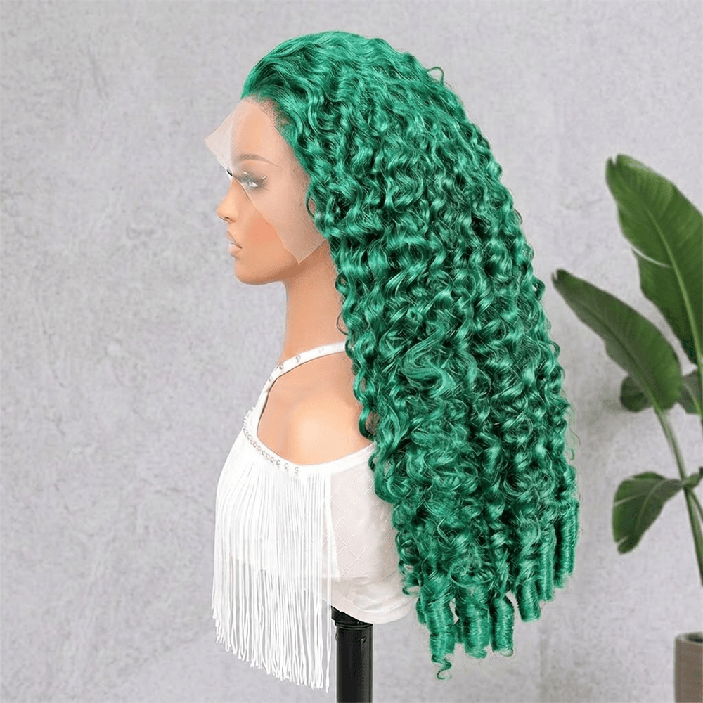 Burmese Curly HD Lace Super Natural Lace Frontal Human Hair Wigs Dark Emerald Green LINKTOWIG