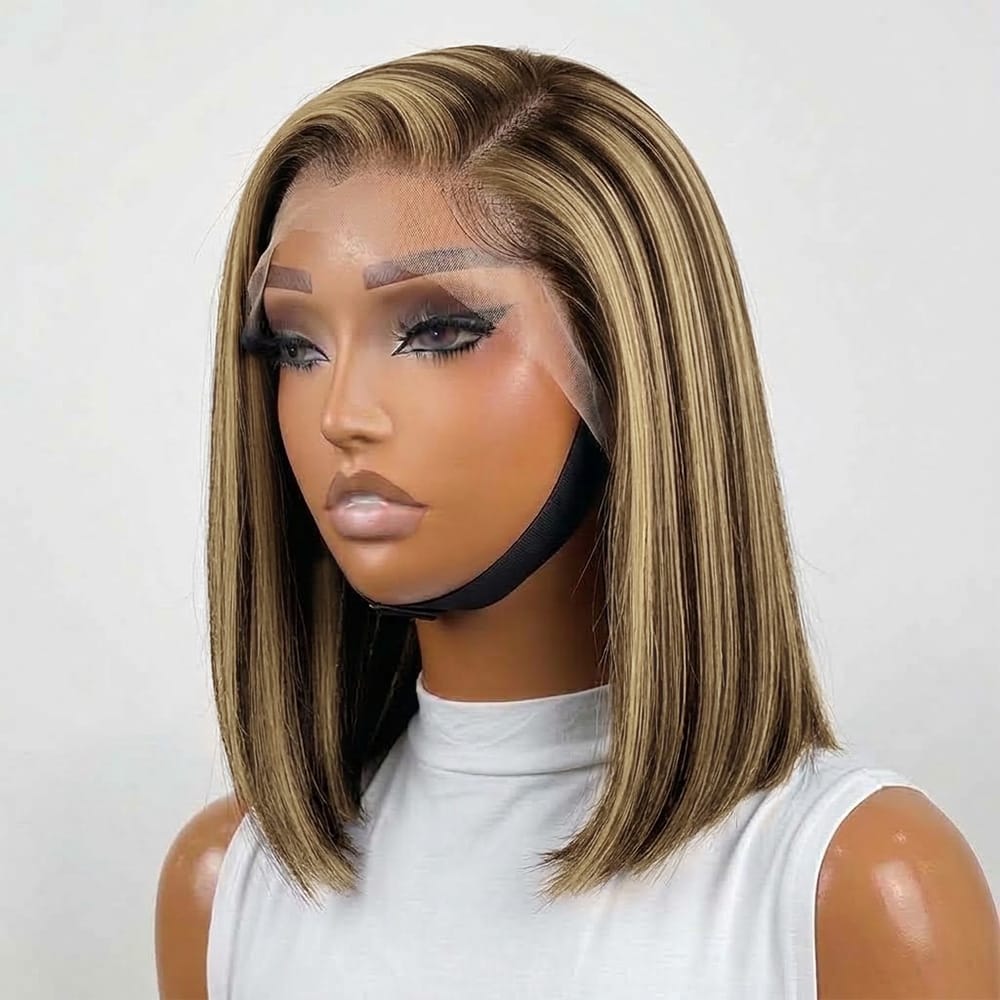Straight Bob Side Part HD Lace Front Wig 100% Virgin Human Hair / Piano Highlight Silver Grey LINKTOWIG