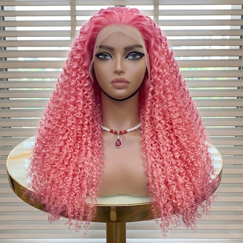 Afro Kinky Curly HD Lace Super Natural Lace Frontal Human Hair Wigs Bubblegum Pink LINKTOWIG