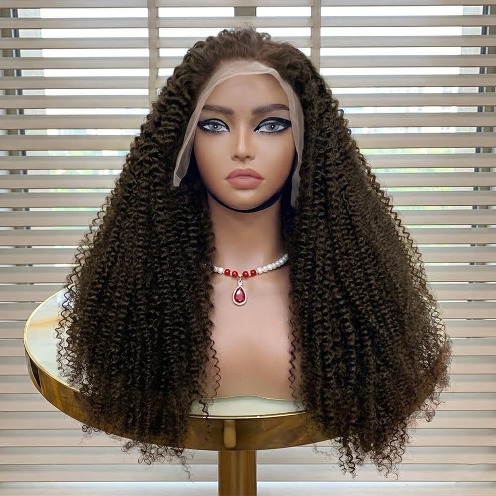 Afro Kinky Curly HD Lace Super Natural Lace Frontal Human Hair Wigs Chocolate Brown LINKTOWIG