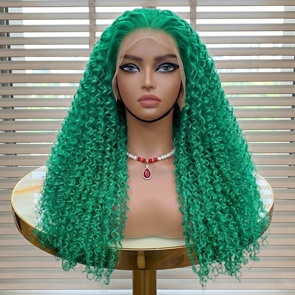 Afro Kinky Curly HD Lace Super Natural Lace Frontal Human Hair Wigs Dark Emerald Green LINKTOWIG