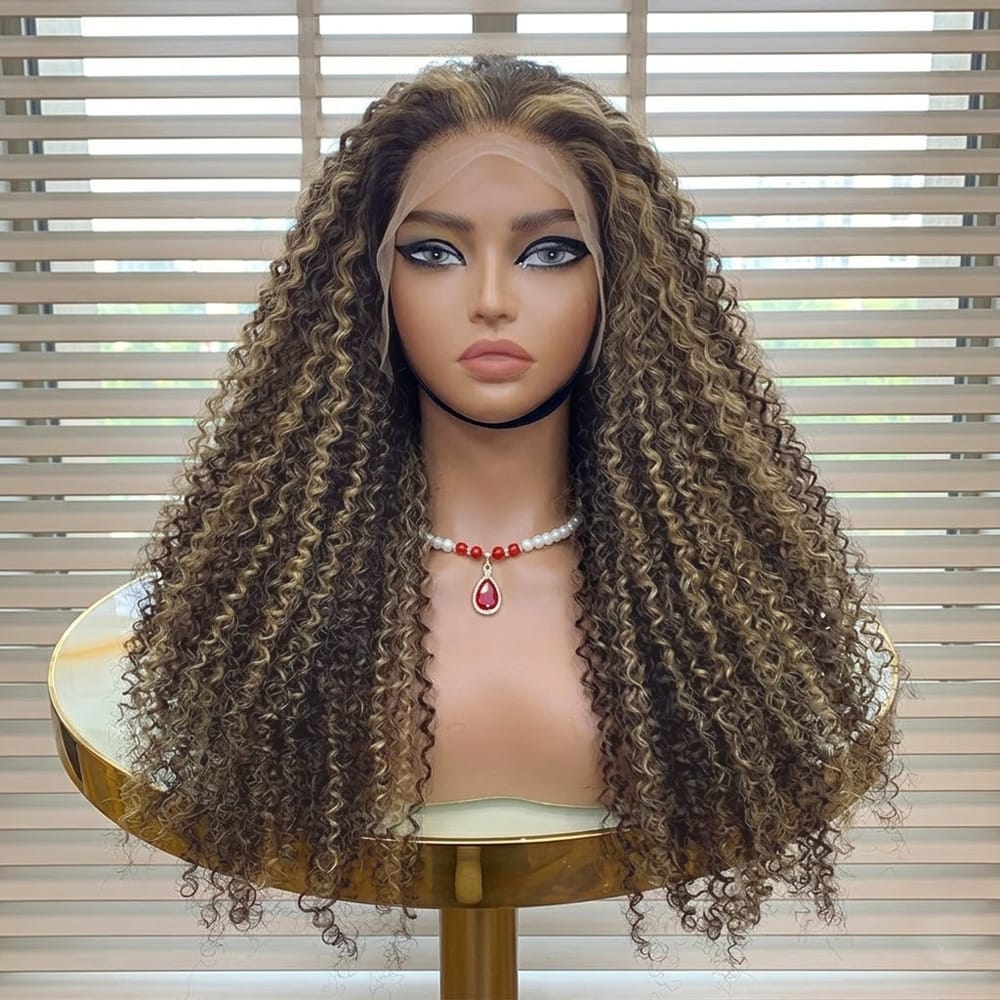 Afro Kinky Curly HD Lace Super Natural Lace Frontal Human Hair Wigs Honey Brown LINKTOWIG