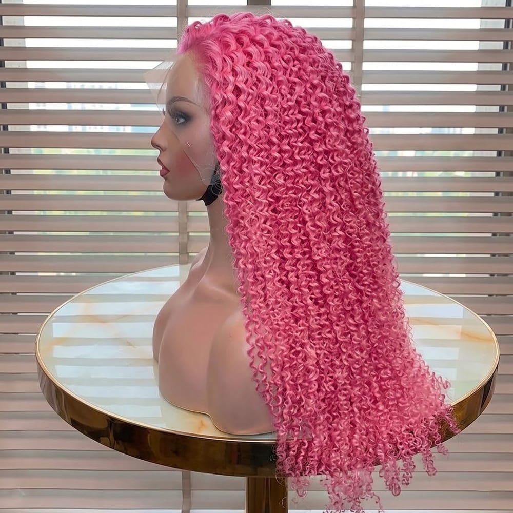 Afro Kinky Curly HD Lace Super Natural Lace Frontal Human Hair Wigs pink LINKTOWIG