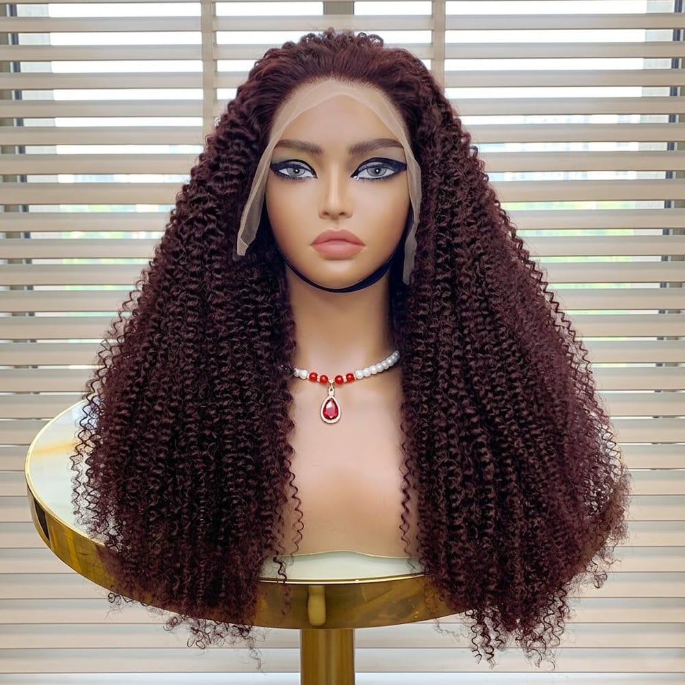 Afro Kinky Curly HD Lace Super Natural Lace Frontal Human Hair Wigs Purplish-red LINKTOWIG