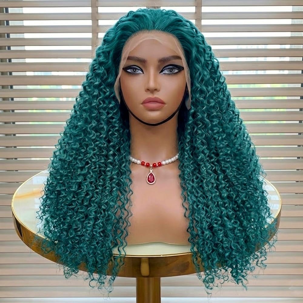 Afro Kinky Curly HD Lace Super Natural Lace Frontal Human Hair Wigs Teal Green LINKTOWIG