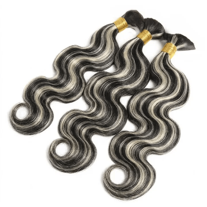 Body Wave 100% Raw Virgin Human Hair Bundles - (No Weft) Bulk Hair 3 Bundles / Black and grey blended highlights LINKTOWIG