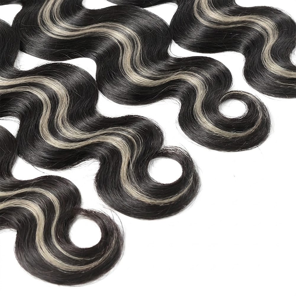 Body Wave Hair Bundles / Feather Hair Extensions — 100% Virgin Human Hair / Black and grey blended highlights LINKTOWIG