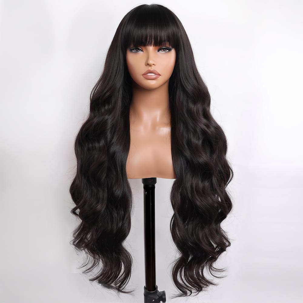 Body Wave Human Hair Wig with Bangs 100% Human Hair Wig – Bangs Style Black LINKTOWIG