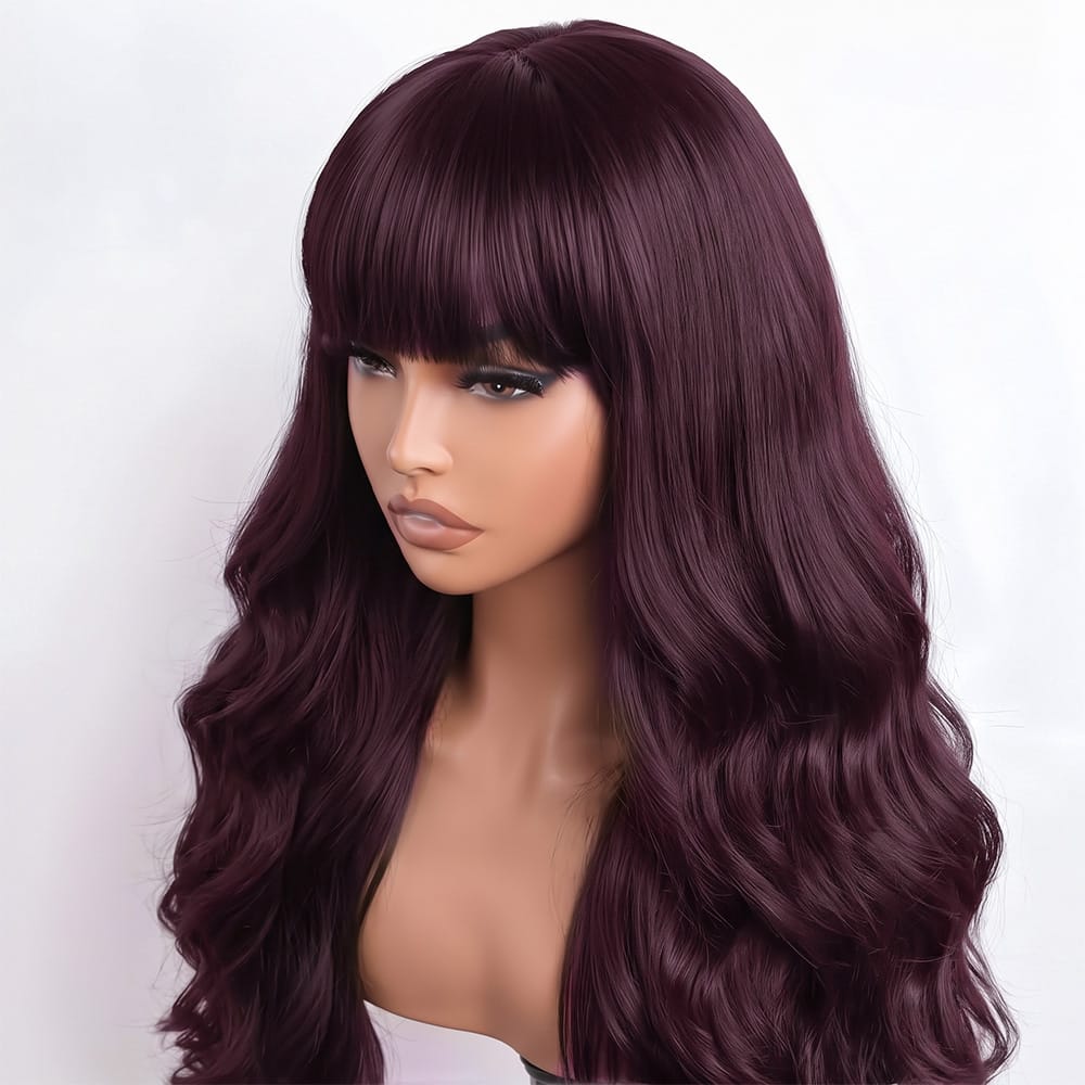Body Wave Human Hair Wig with Bangs 100% Human Hair Wig – Bangs Style Burgundy LINKTOWIG