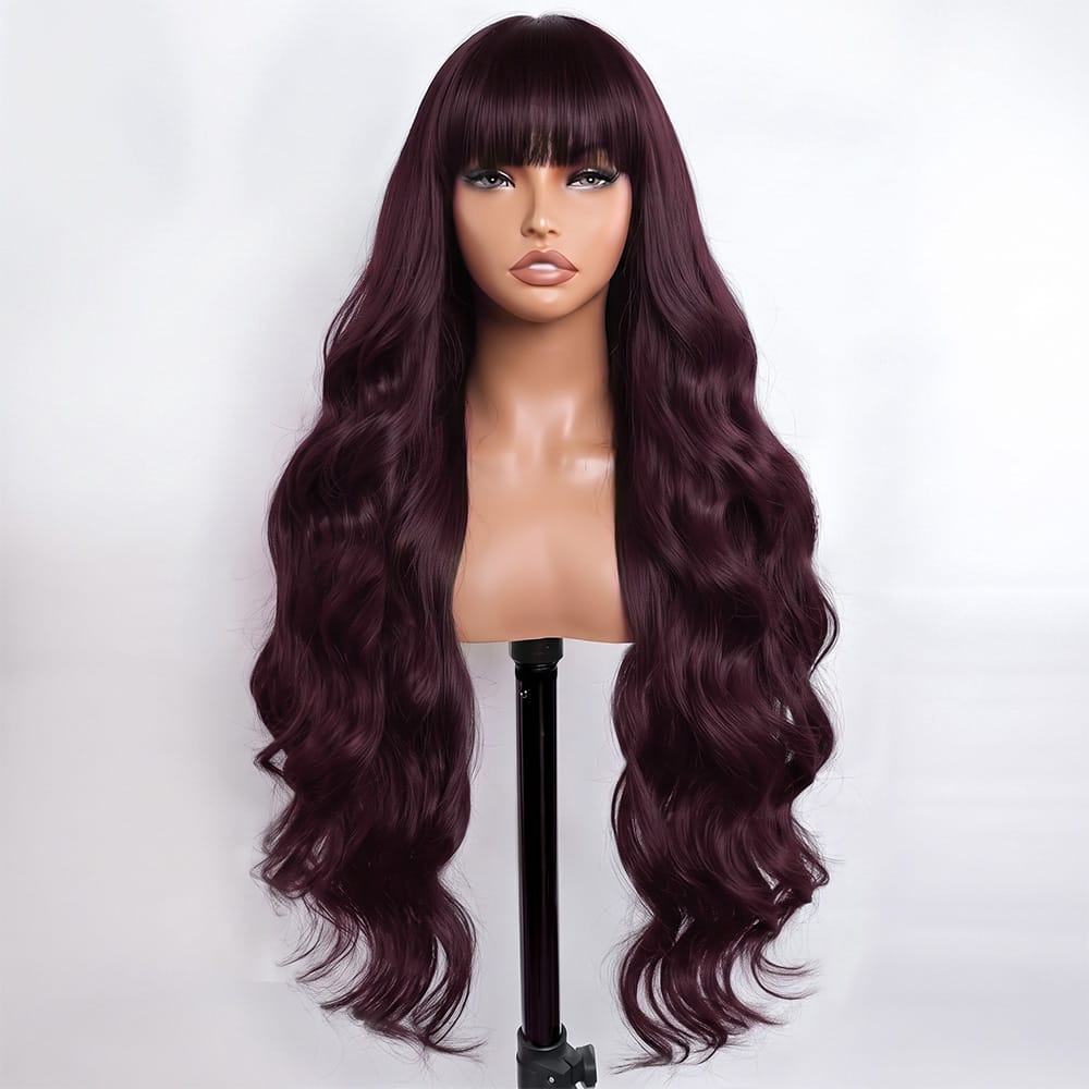 Body Wave Human Hair Wig with Bangs 100% Human Hair Wig – Bangs Style Burgundy LINKTOWIG
