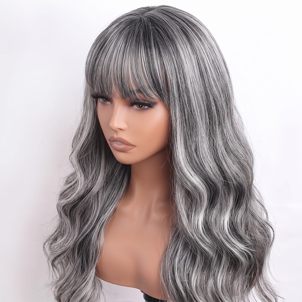 Body Wave Human Hair Wig with Bangs 100% Human Hair Wig – Bangs Style Charcoal Grey LINKTOWIG