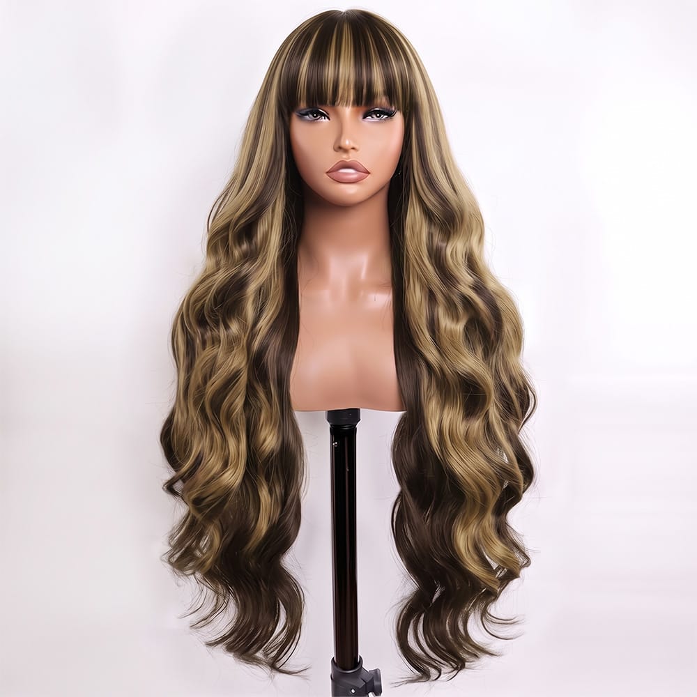Body Wave Human Hair Wig with Bangs 100% Human Hair Wig – Bangs Style Chocolate Brown LINKTOWIG