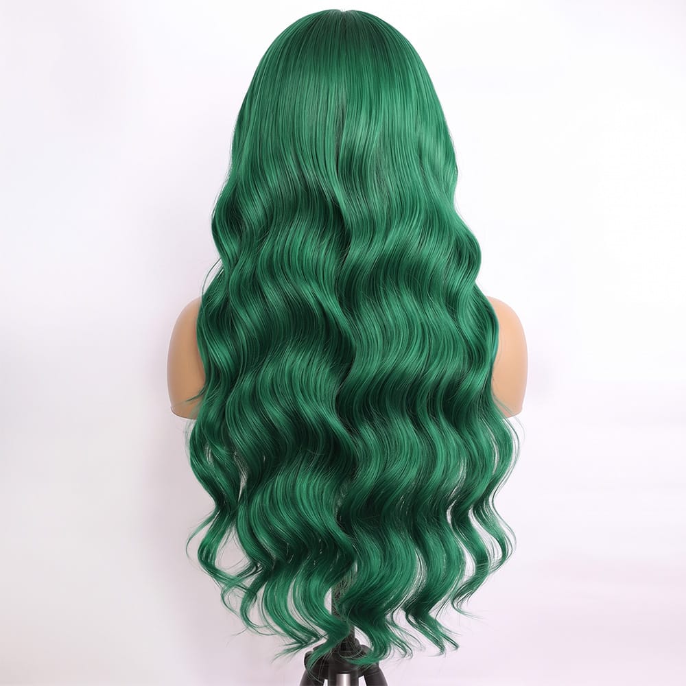 Body Wave Human Hair Wig with Bangs 100% Human Hair Wig – Bangs Style Dark Emerald Green LINKTOWIG