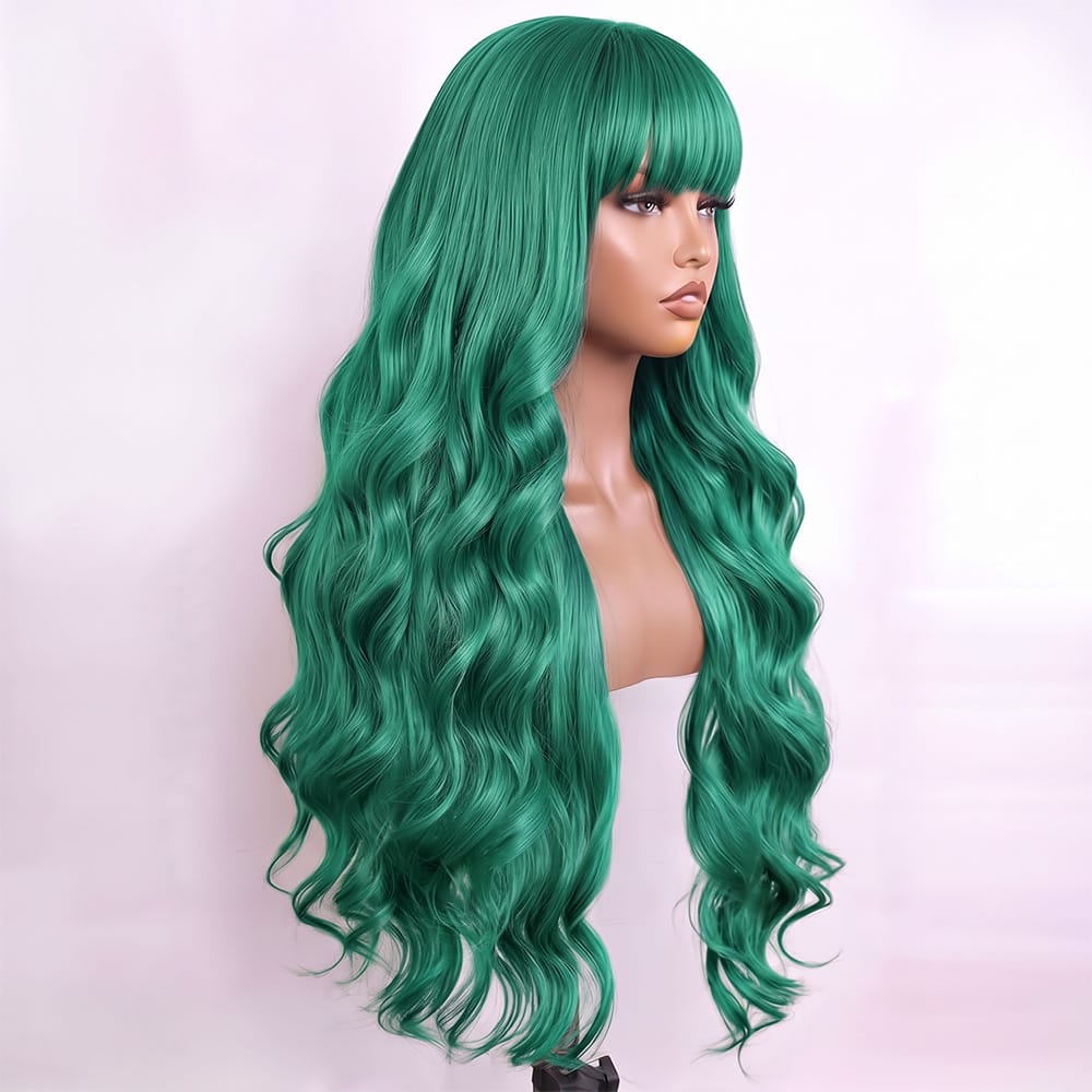 Body Wave Human Hair Wig with Bangs 100% Human Hair Wig – Bangs Style Dark Emerald Green LINKTOWIG