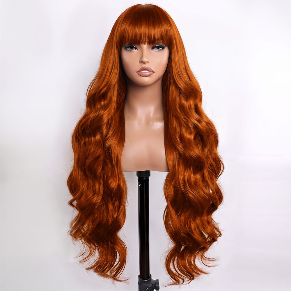 Body Wave Human Hair Wig with Bangs 100% Human Hair Wig – Bangs Style Ginger Orange LINKTOWIG
