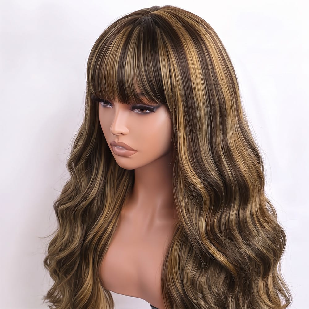 Body Wave Human Hair Wig with Bangs 100% Human Hair Wig – Bangs Style Honey Blonde Highlights LINKTOWIG