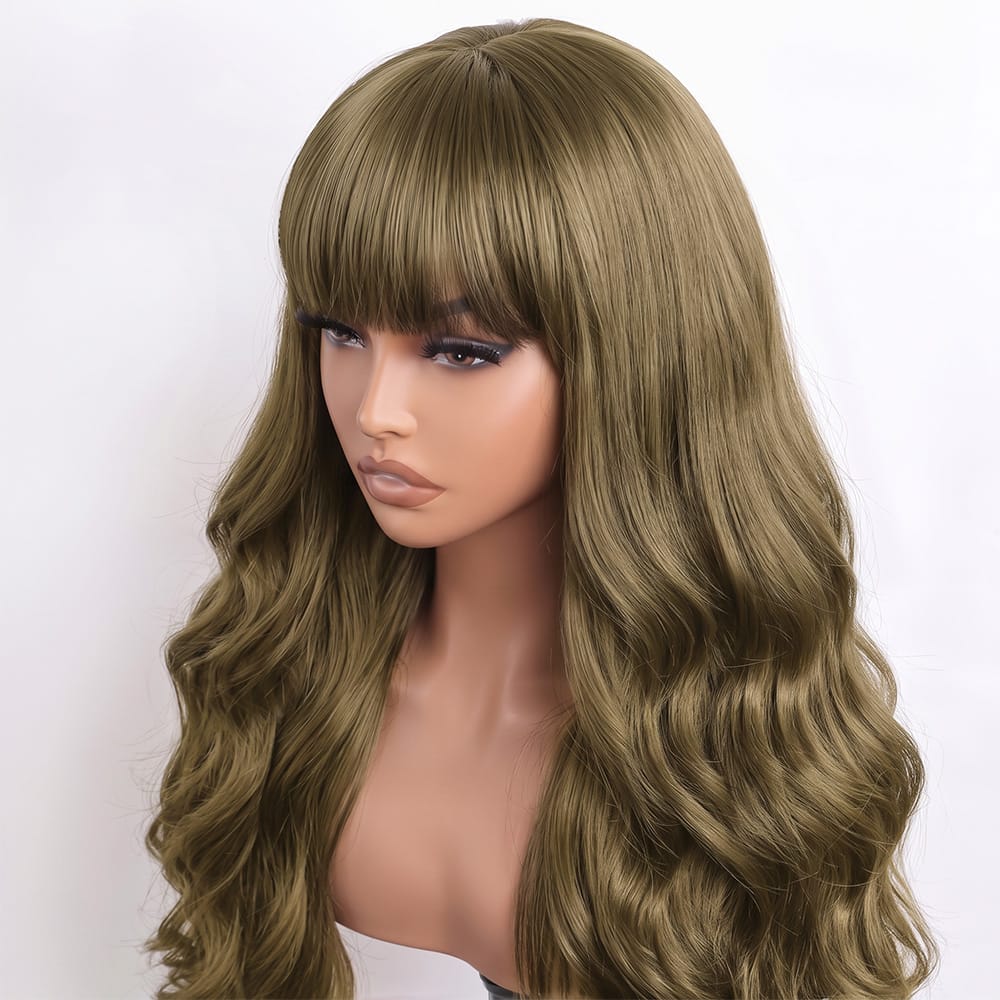 Body Wave Human Hair Wig with Bangs 100% Human Hair Wig – Bangs Style Medium Chestnut Brown LINKTOWIG