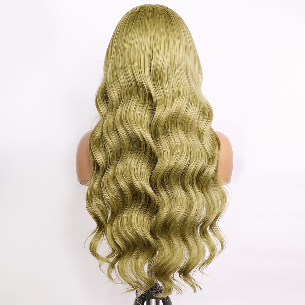 Body Wave Human Hair Wig with Bangs 100% Human Hair Wig – Bangs Style Olive Green Blonde LINKTOWIG