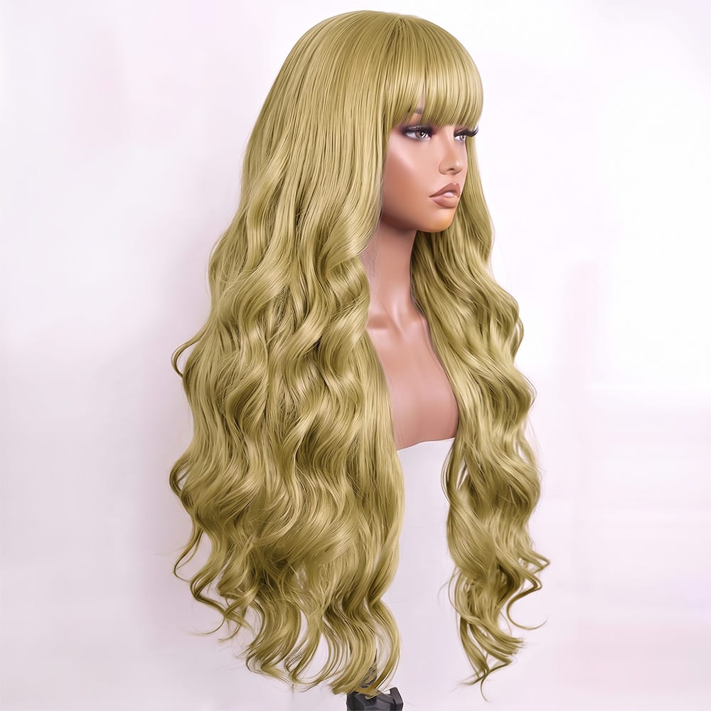 Body Wave Human Hair Wig with Bangs 100% Human Hair Wig – Bangs Style Olive Green Blonde LINKTOWIG