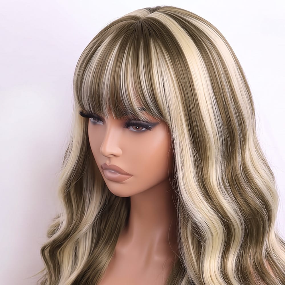 Body Wave Human Hair Wig with Bangs 100% Human Hair Wig – Bangs Style Piano Highlight Silver Grey LINKTOWIG