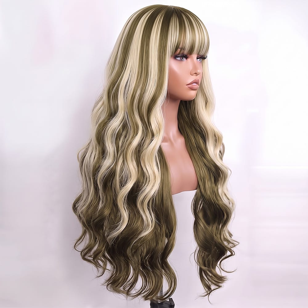 Body Wave Human Hair Wig with Bangs 100% Human Hair Wig – Bangs Style Piano Highlight Silver Grey LINKTOWIG