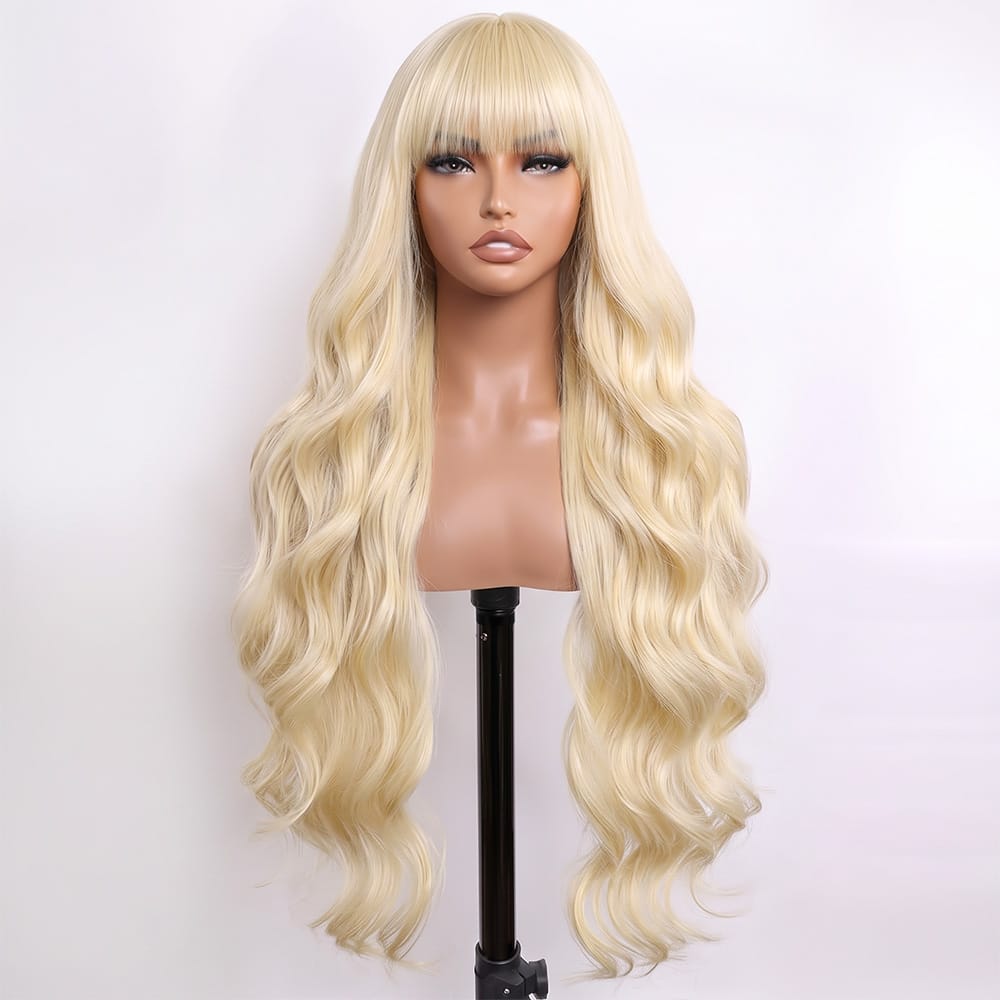Body Wave Human Hair Wig with Bangs 100% Human Hair Wig – Bangs Style Platinum Blonde LINKTOWIG