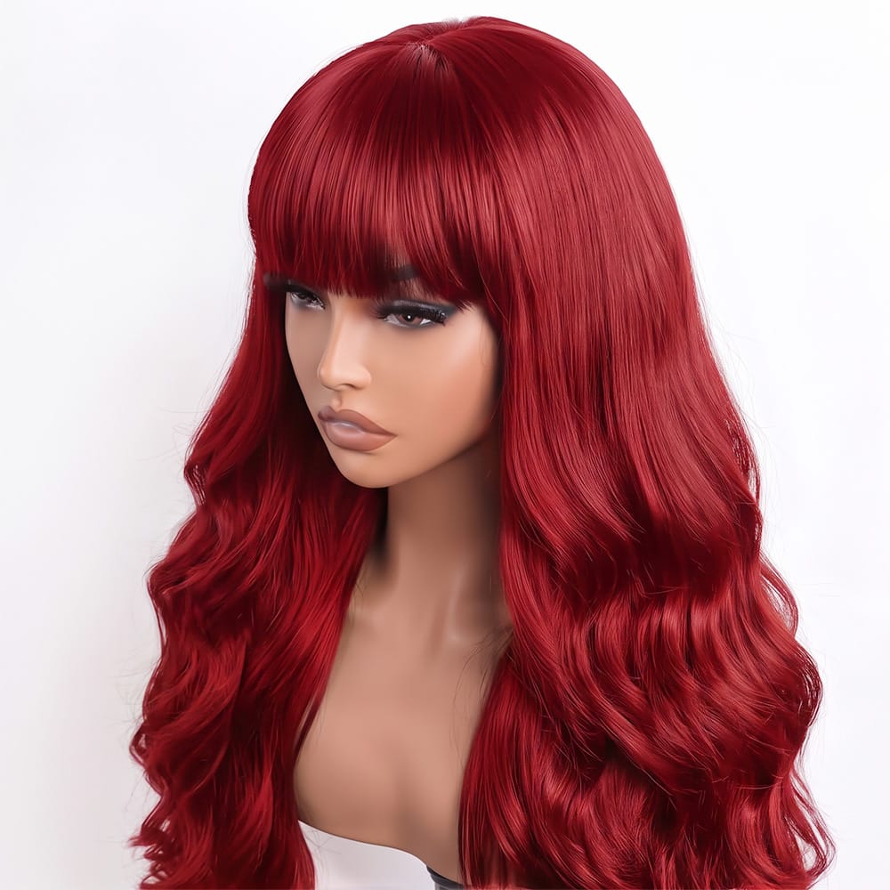 Body Wave Human Hair Wig with Bangs 100% Human Hair Wig – Bangs Style Ruby Red LINKTOWIG