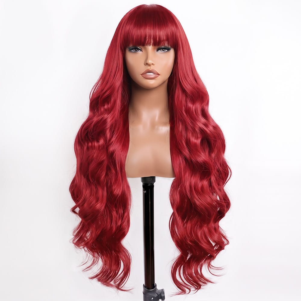Body Wave Human Hair Wig with Bangs 100% Human Hair Wig – Bangs Style Ruby Red LINKTOWIG