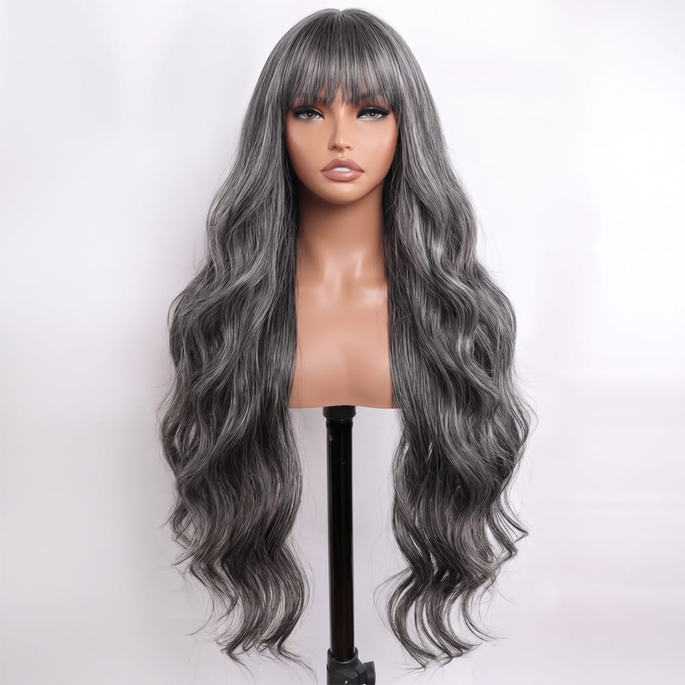 Body Wave Human Hair Wig with Bangs 100% Human Hair Wig – Bangs Style Silver Grey LINKTOWIG