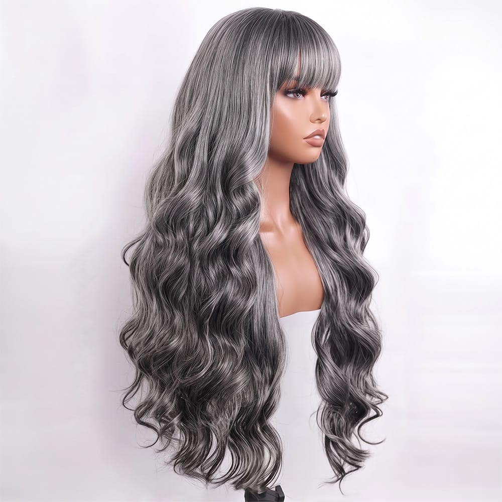 Body Wave Human Hair Wig with Bangs 100% Human Hair Wig – Bangs Style Silver Grey LINKTOWIG