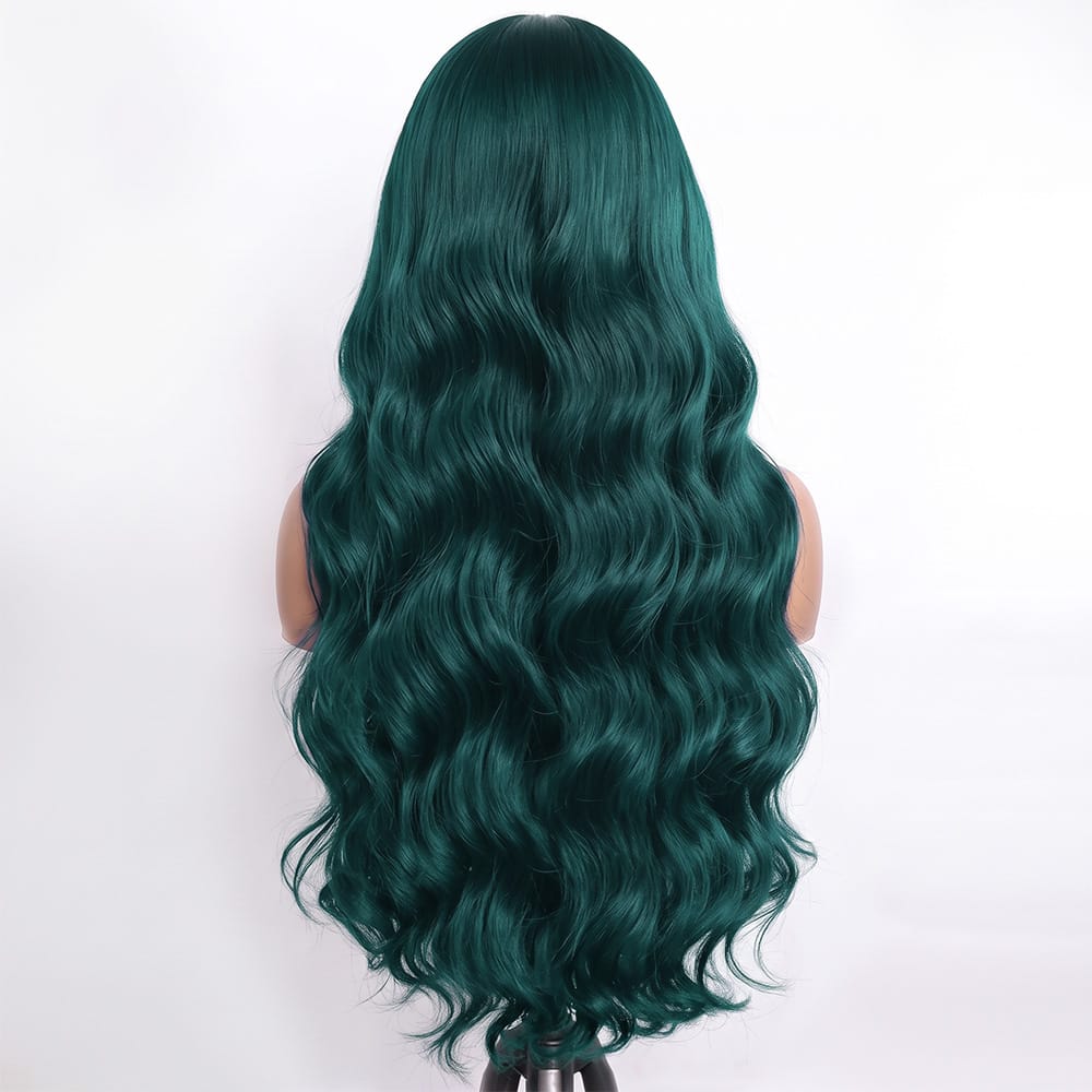 Body Wave Human Hair Wig with Bangs 100% Human Hair Wig – Bangs Style Teal Green LINKTOWIG