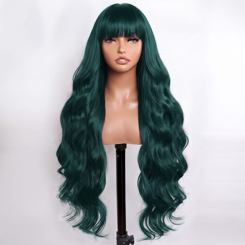 Body Wave Human Hair Wig with Bangs 100% Human Hair Wig – Bangs Style Teal Green LINKTOWIG