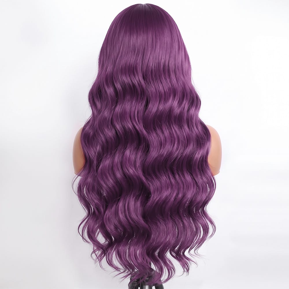 Body Wave Human Hair Wig with Bangs 100% Human Hair Wig – Bangs Style Violet Purple LINKTOWIG