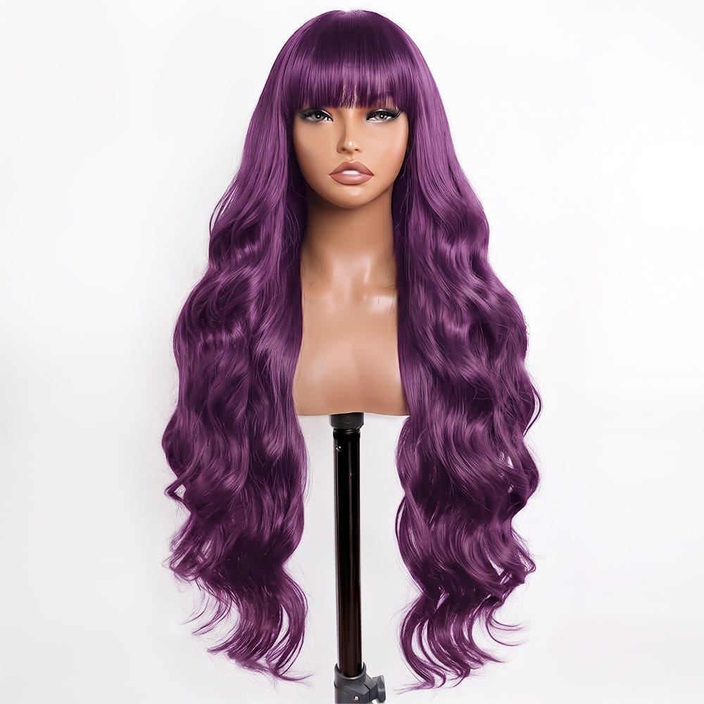 Body Wave Human Hair Wig with Bangs 100% Human Hair Wig – Bangs Style Violet Purple LINKTOWIG