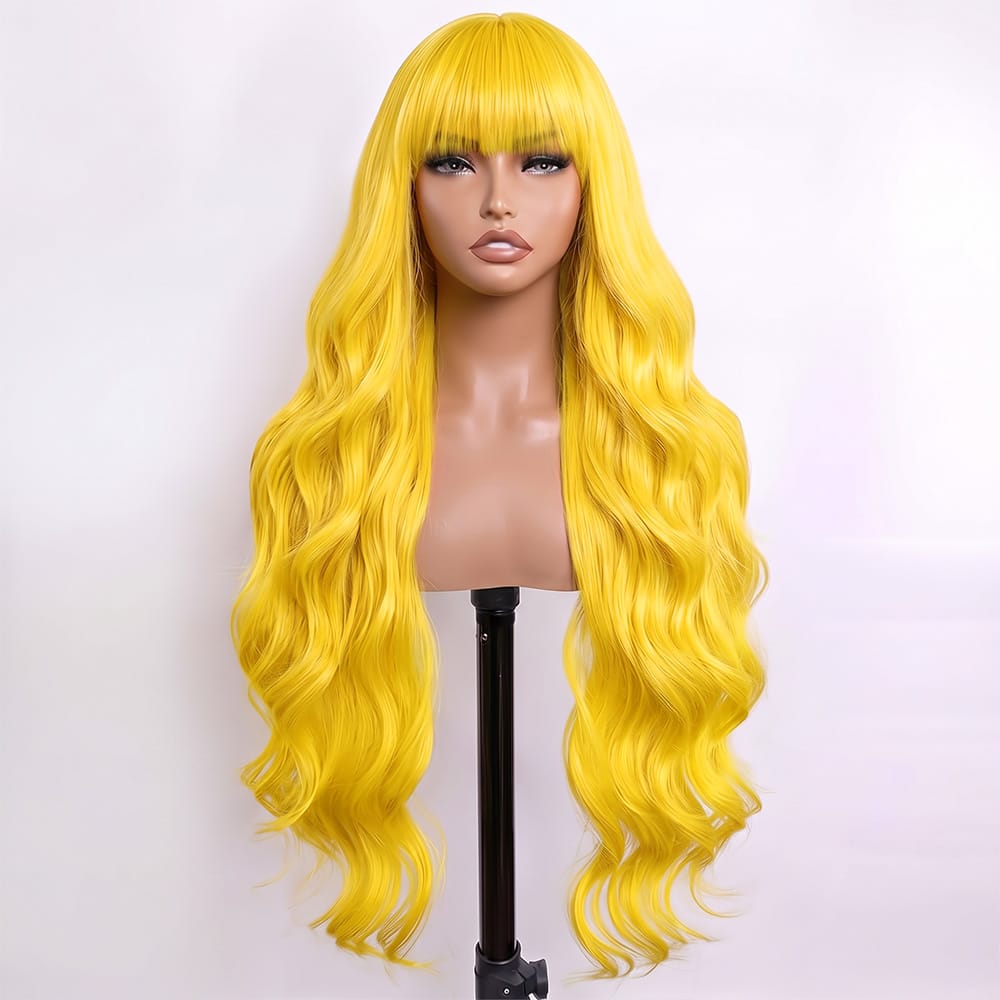 Body Wave Human Hair Wig with Bangs 100% Human Hair Wig – Bangs Style Yellow LINKTOWIG
