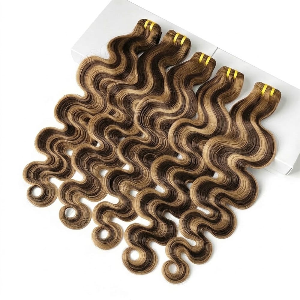 Body Wave Luxury Natural Hair Weft – 100% Virgin Human Hair / Wig Honey Blonde Highlights LINKTOWIG