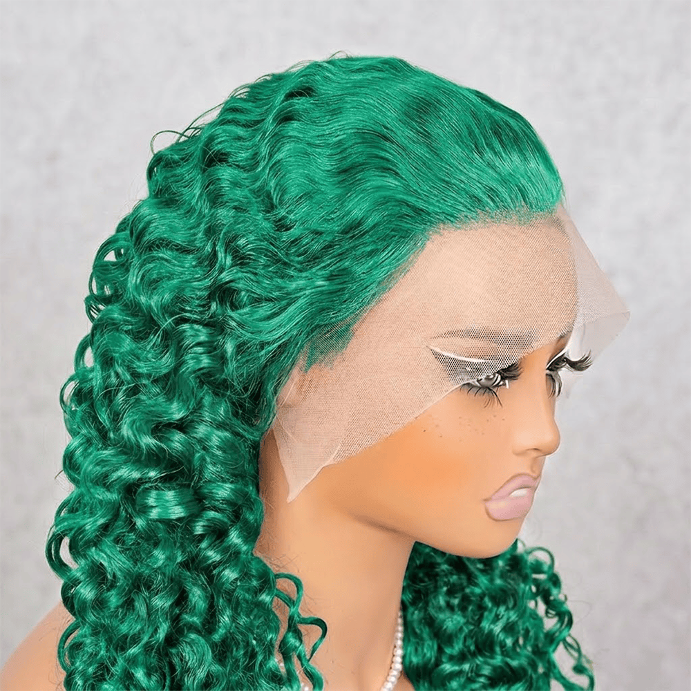 Burmese Curly HD Lace Super Natural Lace Frontal Human Hair Wigs Dark Emerald Green LINKTOWIG