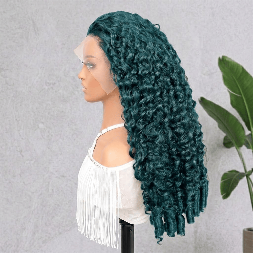Burmese Curly HD Lace Super Natural Lace Frontal Human Hair Wigs Dark Emerald Green LINKTOWIG
