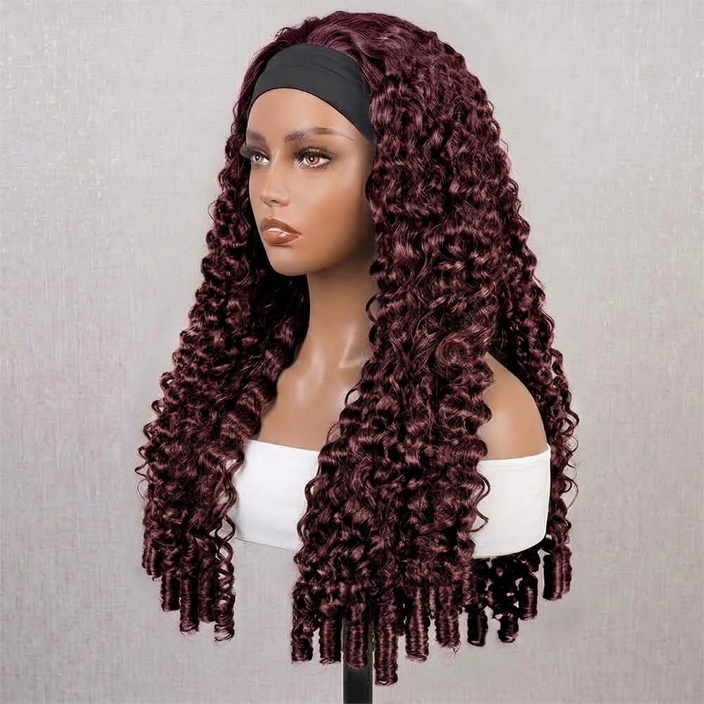Burmese Curly Headband Human Hair Wig (Glueless, Ready-to-Wear) Natural Burgundy LINKTOWIG
