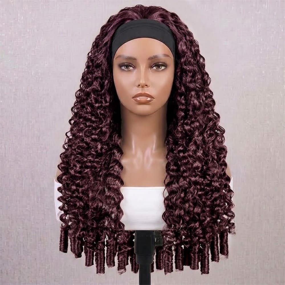 Burmese Curly Headband Human Hair Wig (Glueless, Ready-to-Wear) Natural Burgundy LINKTOWIG