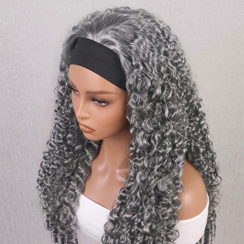 Burmese Curly Headband Human Hair Wig (Glueless, Ready-to-Wear) Natural Charcoal Grey LINKTOWIG