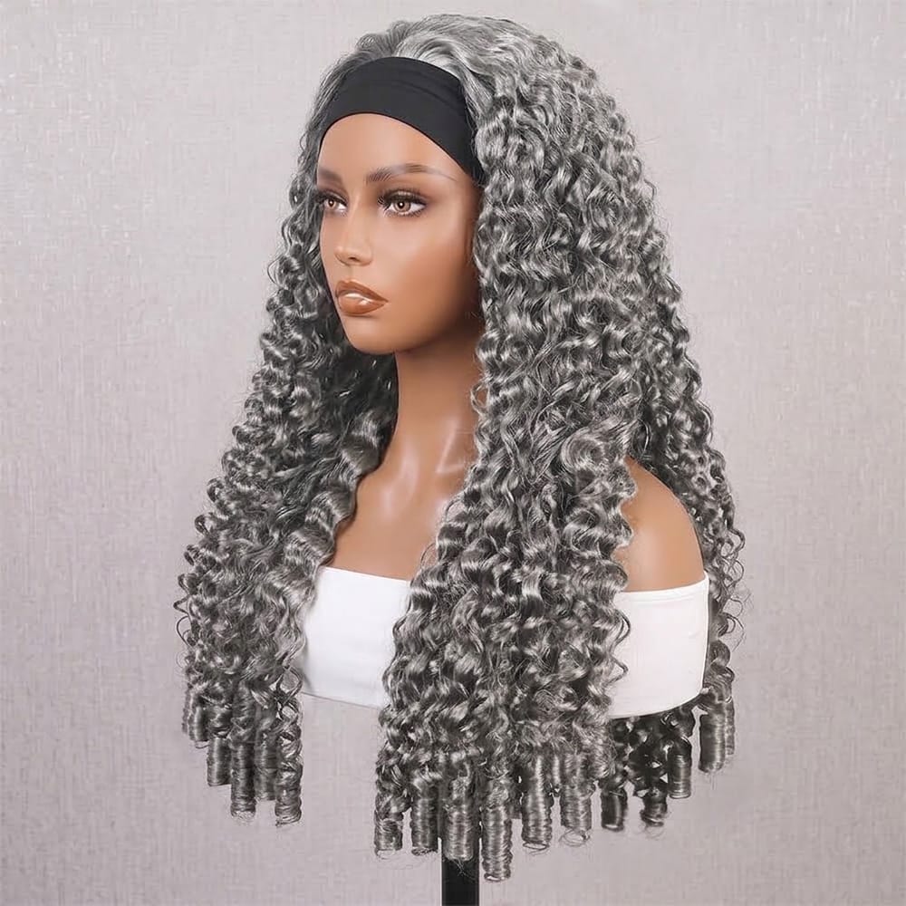 Burmese Curly Headband Human Hair Wig (Glueless, Ready-to-Wear) Natural Charcoal Grey LINKTOWIG