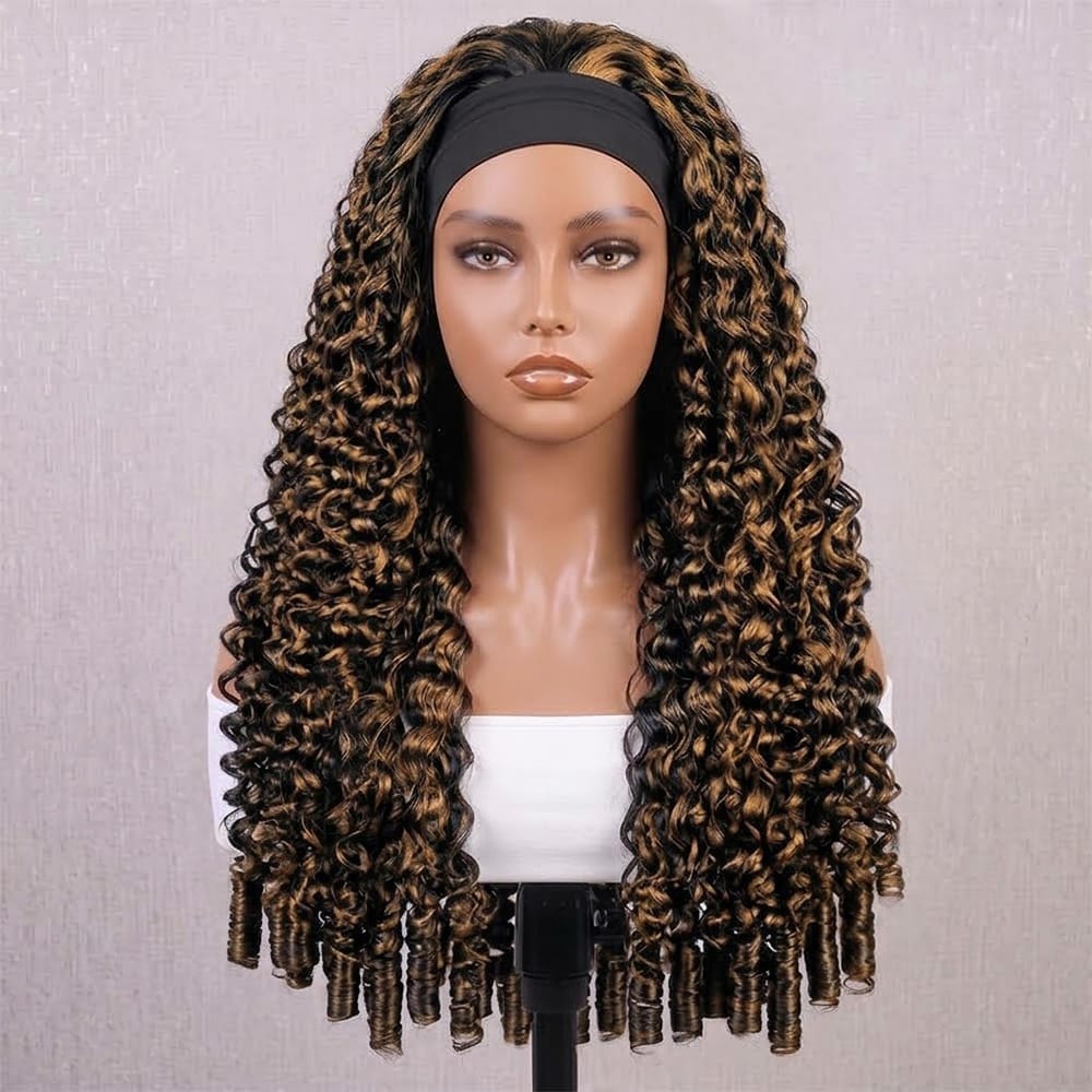 Burmese Curly Headband Human Hair Wig (Glueless, Ready-to-Wear) Natural Honey Blonde Highlights LINKTOWIG