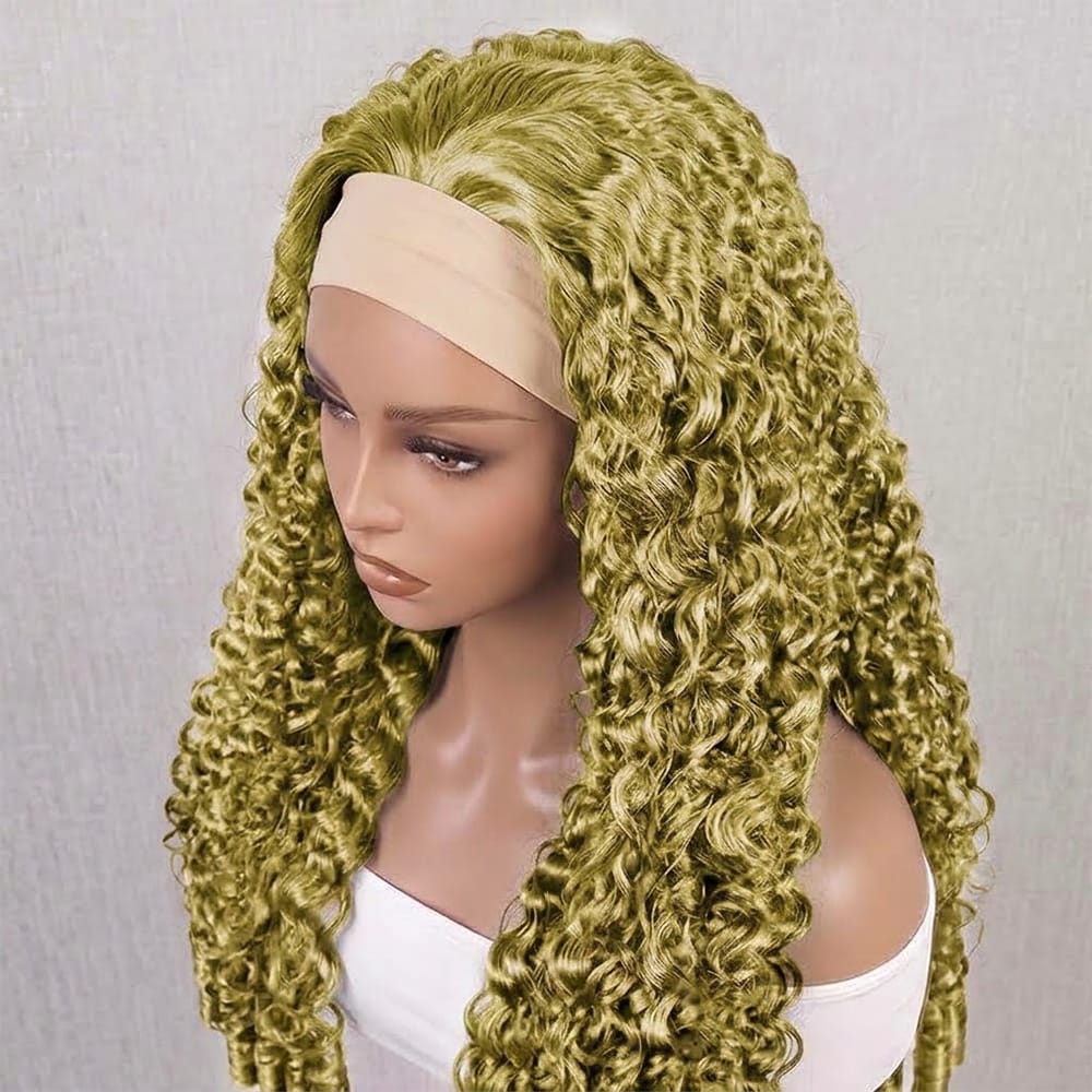 Burmese Curly Headband Human Hair Wig (Glueless, Ready-to-Wear) Natural Olive Green Blonde LINKTOWIG