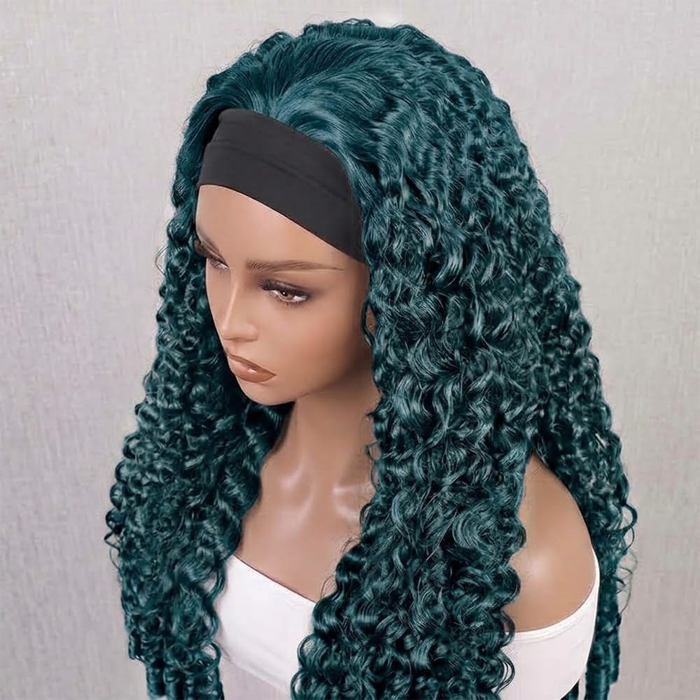 Burmese Curly Headband Human Hair Wig (Glueless, Ready-to-Wear) Natural Teal Green LINKTOWIG