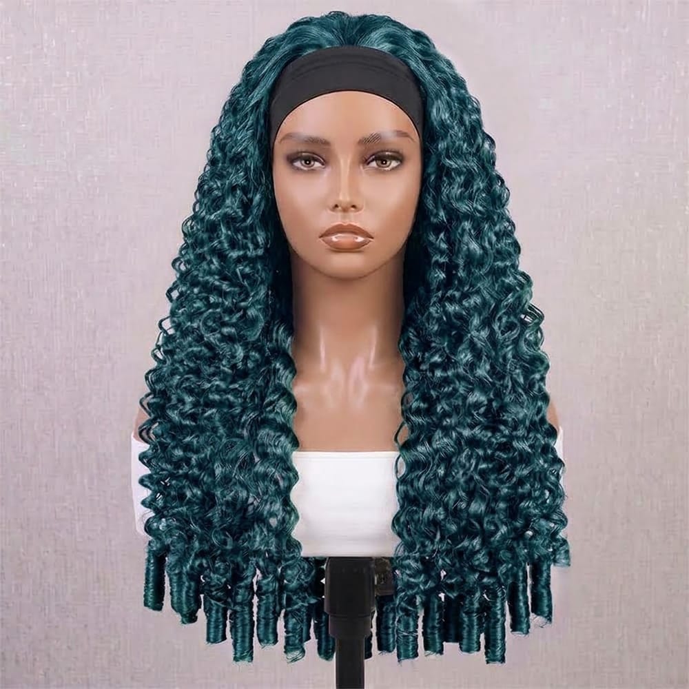 Burmese Curly Headband Human Hair Wig (Glueless, Ready-to-Wear) Natural Teal Green LINKTOWIG