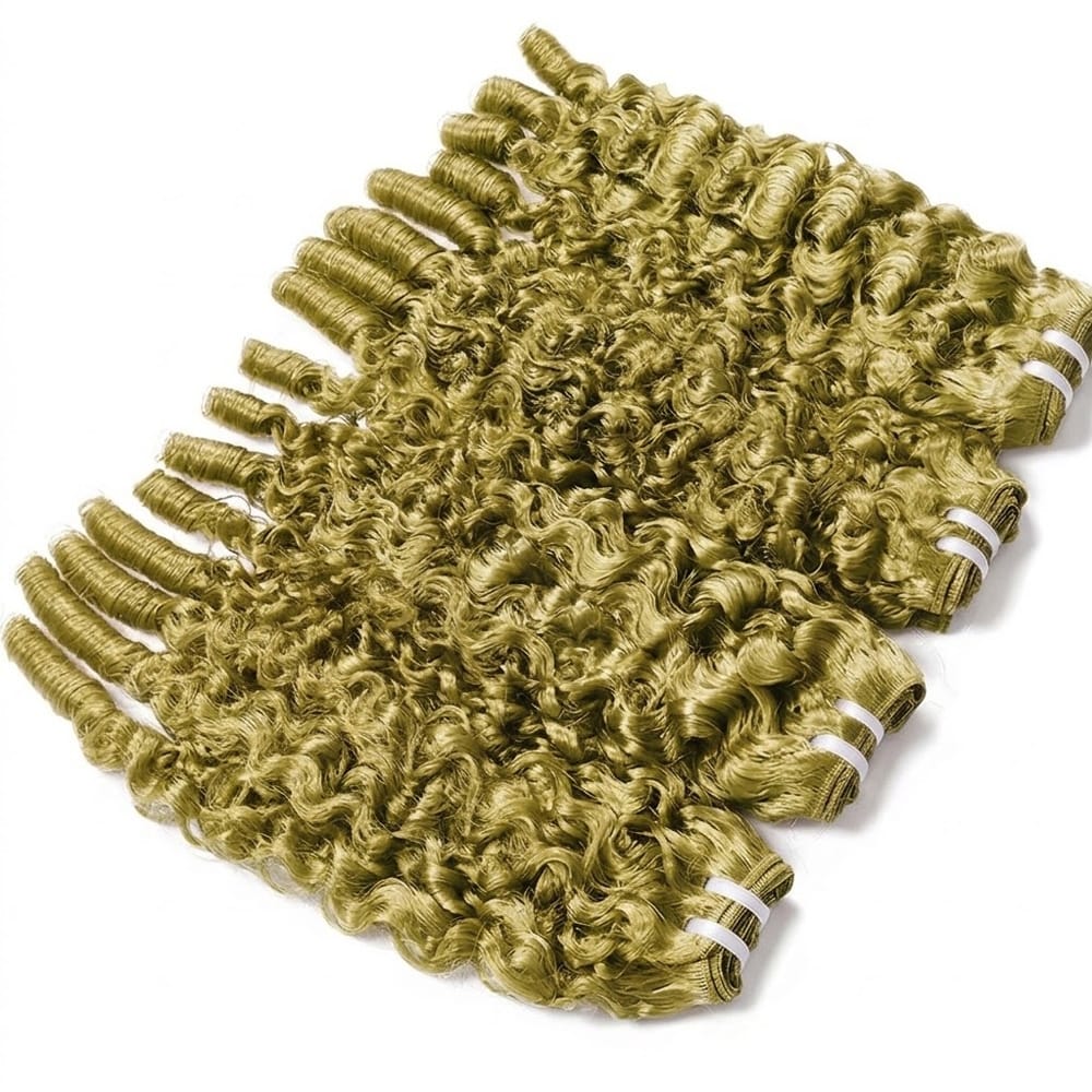 Burmese Curly Luxury Natural Hair Weft – 100% Virgin Human Hair / Wig Olive Green Blonde LINKTOWIG