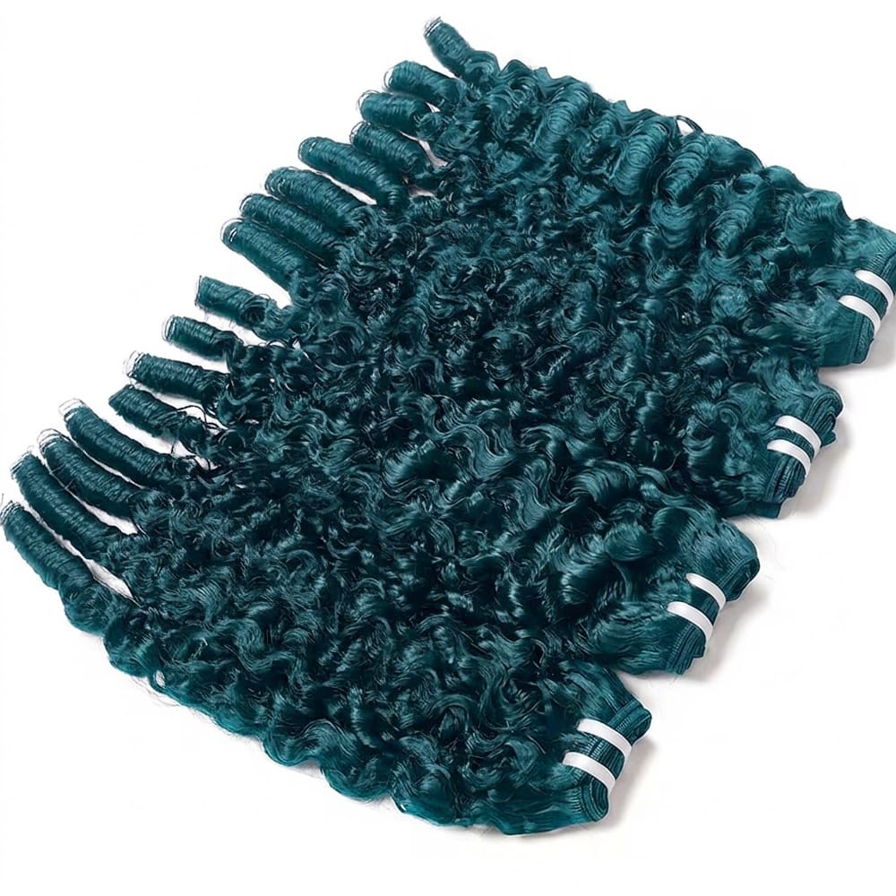 Burmese Curly Luxury Natural Hair Weft – 100% Virgin Human Hair / Wig Teal Green LINKTOWIG