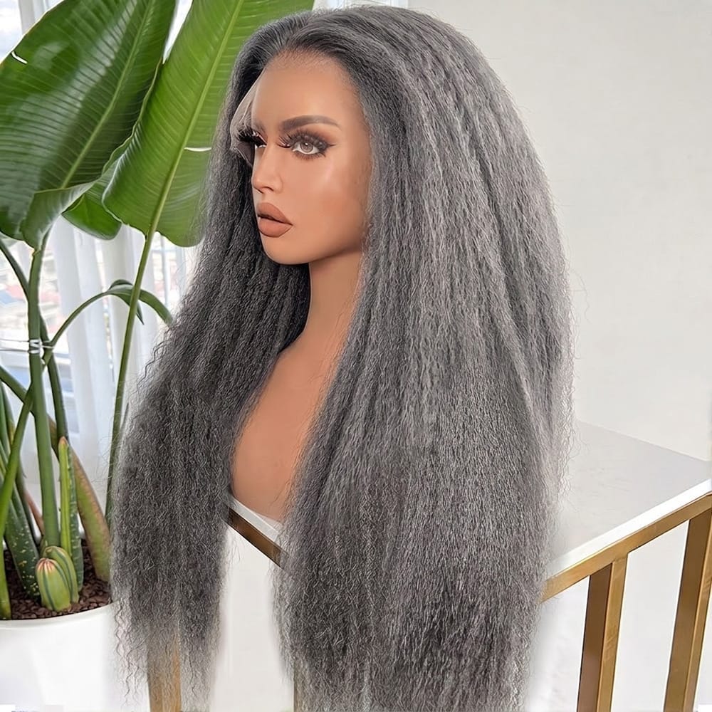 Coarse Yaki HD Lace Super Natural Lace Frontal Human Hair Wigs Charcoal Grey LINKTOWIG