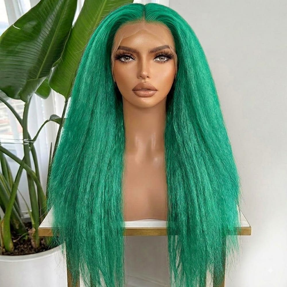 Coarse Yaki HD Lace Super Natural Lace Frontal Human Hair Wigs Dark Emerald Green LINKTOWIG